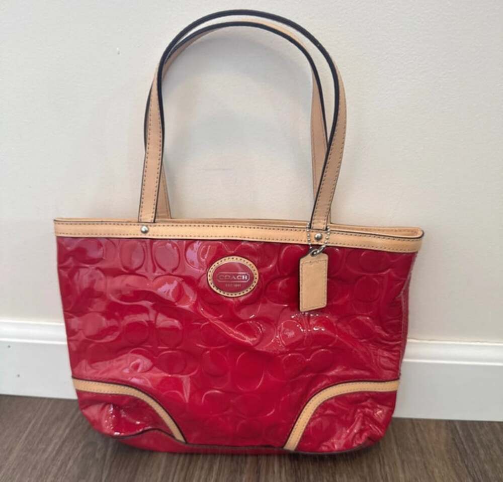 Coach Peyton Embossed Patent Leather Tote F48166 Pink Tan